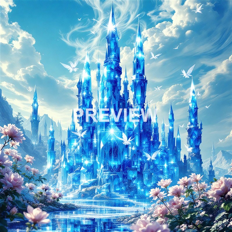 A magnificent, glowing blue crystal castle with tall spires, surrounded by pink flowers and set against a bright sky with clouds and flying white birds or fairies.